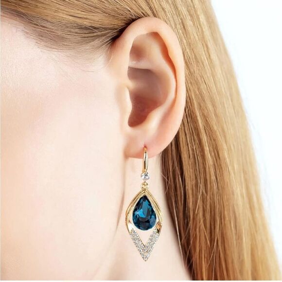 14K Yellow Gold with London Blue Topaz Austrian Crystal Leaf Teardrop Earrings - Picture 5 of 7